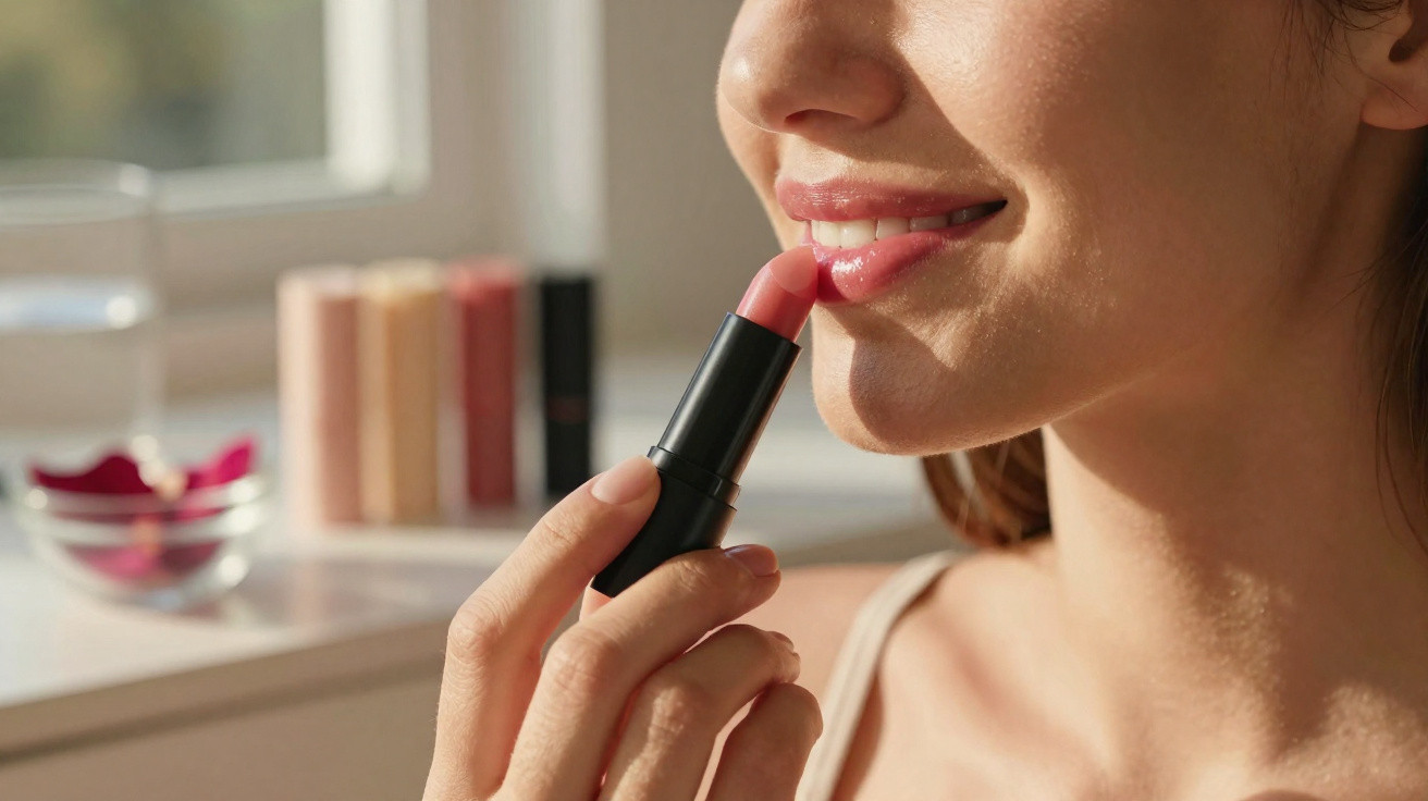 Mulher a aplicar batom rosa claro nos lábios numa divisão iluminada com luz natural.