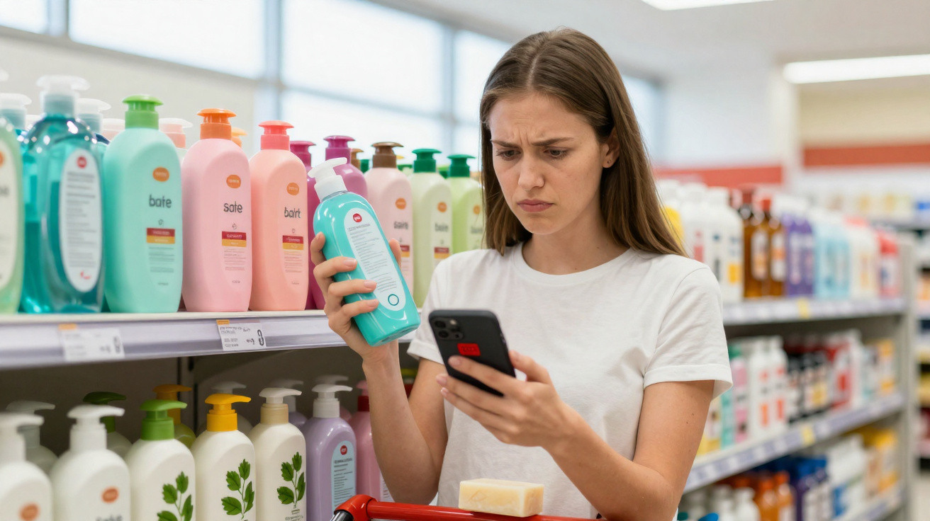 Mulher jovem com expressão preocupada lê etiqueta de produto enquanto segura telemóvel numa prateleira de supermercado.