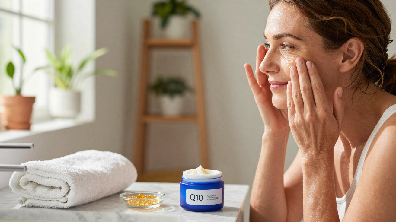 Mulher aplica creme hidratante no rosto junto a toalha, cápsulas e produto Q10 num espaço luminoso.