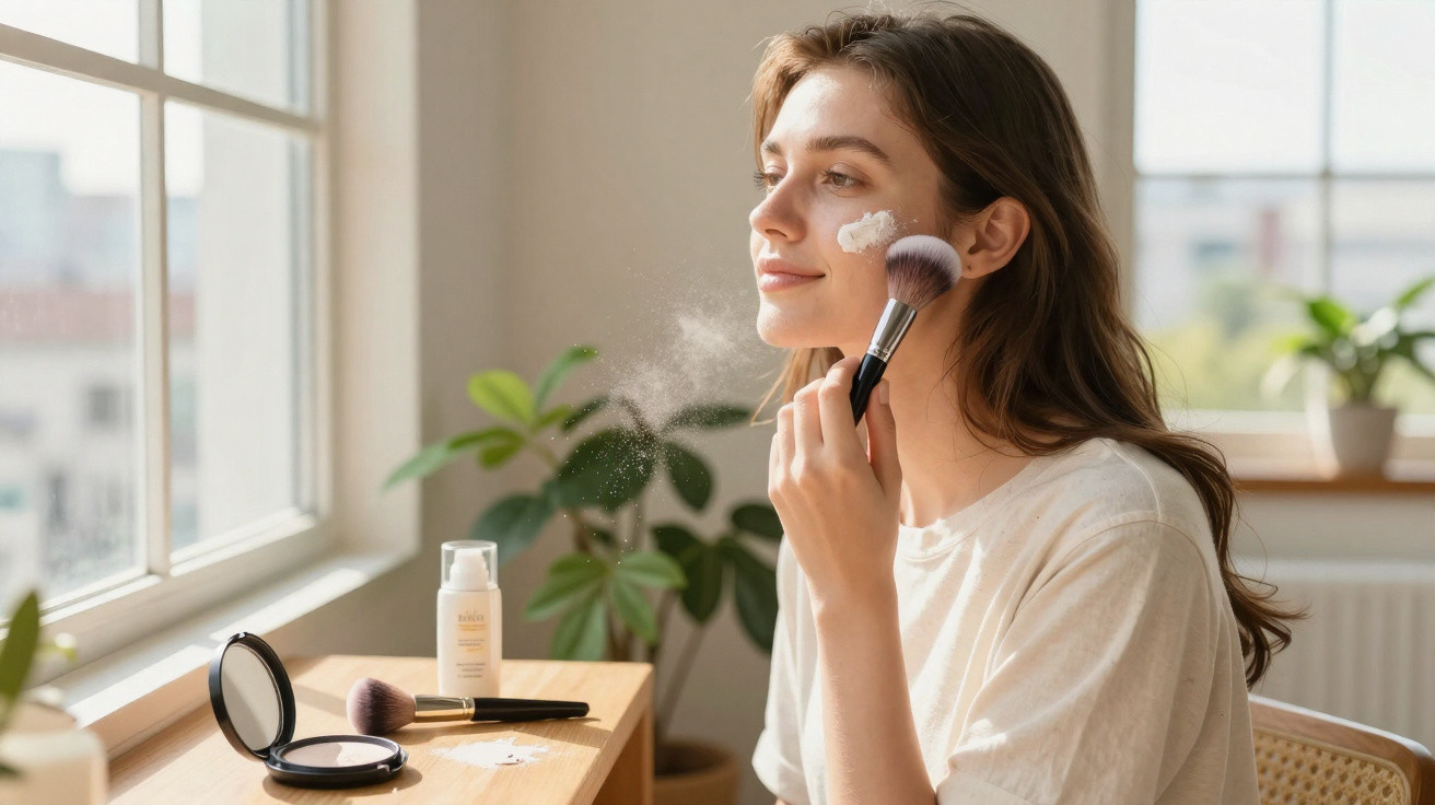 Mulher aplica maquilhagem facial com pincel junto a janela com luz natural e plantas.