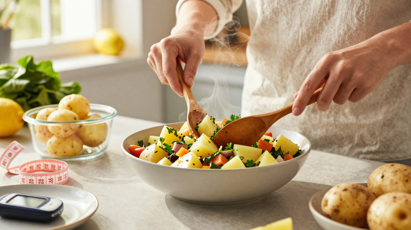 Pessoa a mexer uma salada quente de legumes com batatas numa taça, decorada com ervas frescas.