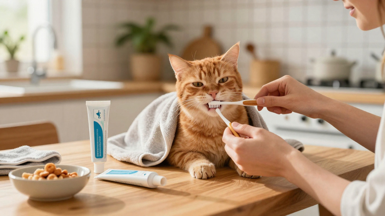 Gato ruivo a ser escovado nos dentes numa cozinha, com pasta dentífrica e snacks ao lado.