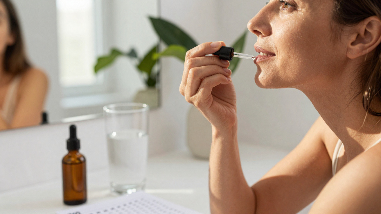 Mulher aplica sérum facial com conta-gotas junto ao espelho numa bancada iluminada.