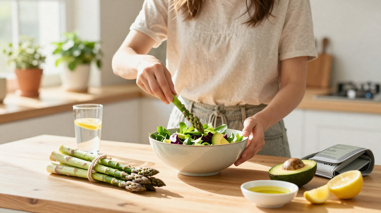 Pessoa a preparar salada com espargos numa cozinha luminosa e moderna.