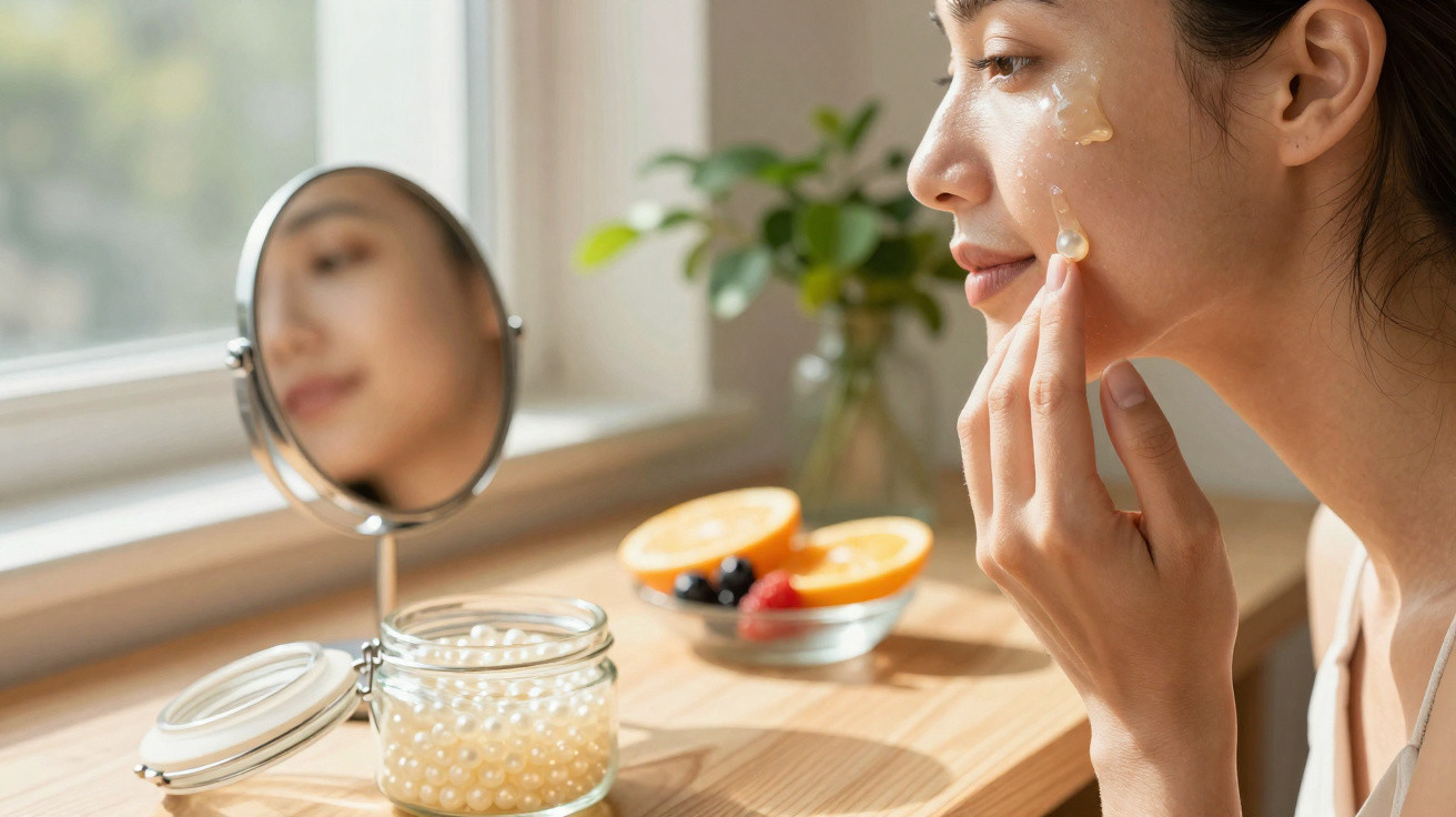 Mulher aplica creme hidratante no rosto, sentada junto a janela com espelho e frutas à frente.