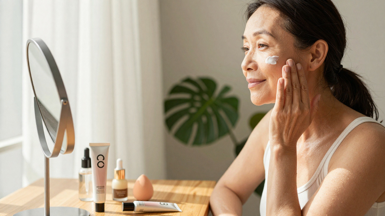 Mulher aplica creme hidratante no rosto sentada à mesa com produtos de cuidados skincare e espelho à frente.