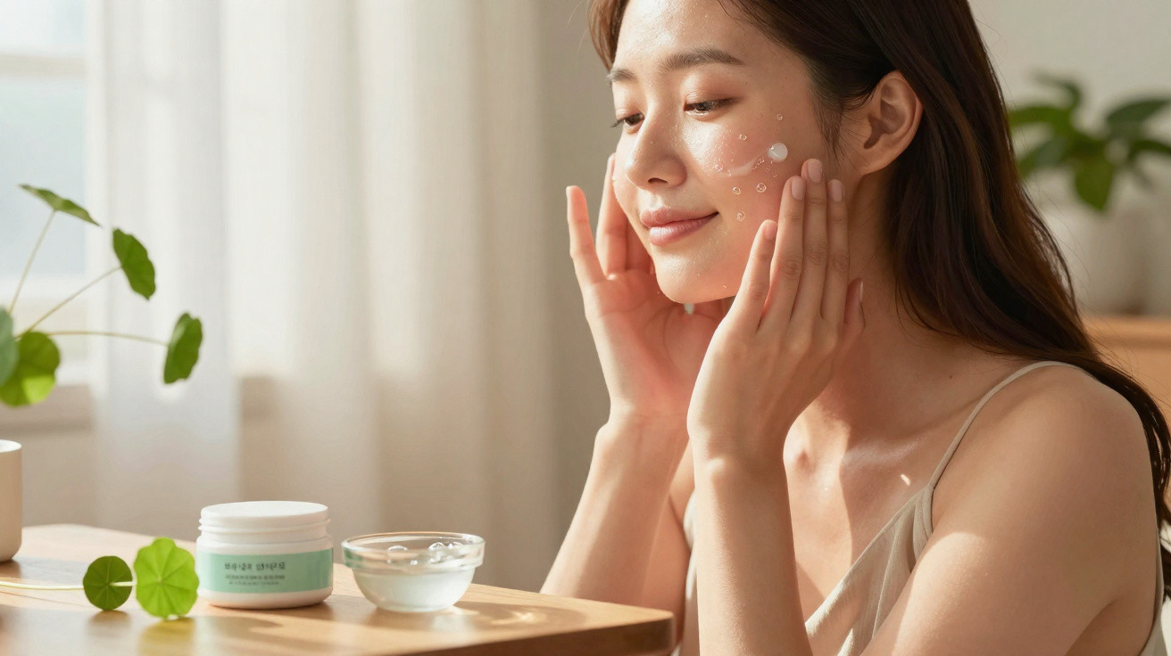 Mulher a aplicar creme hidratante no rosto, sentada junto a uma mesa com produtos de pele.