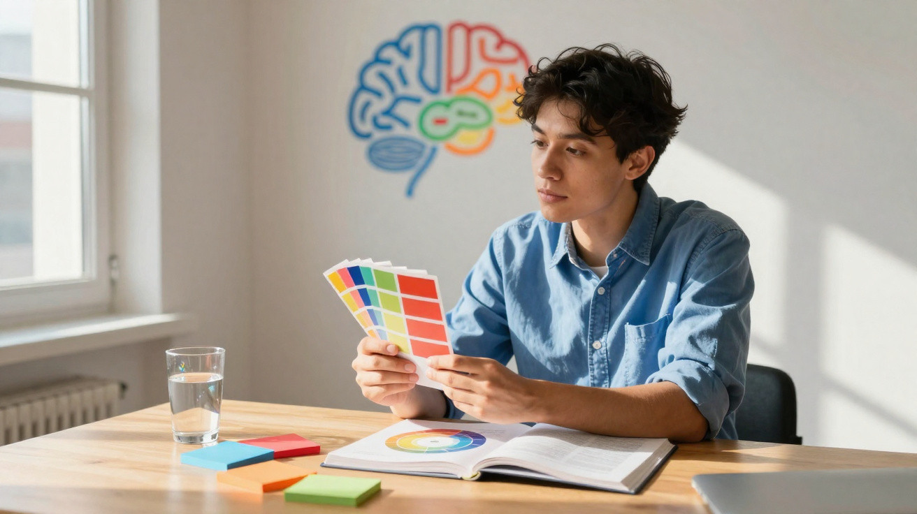 Jovem sentado à mesa a analisar paletas de cores com livro aberto e desenho de cérebro colorido na parede.