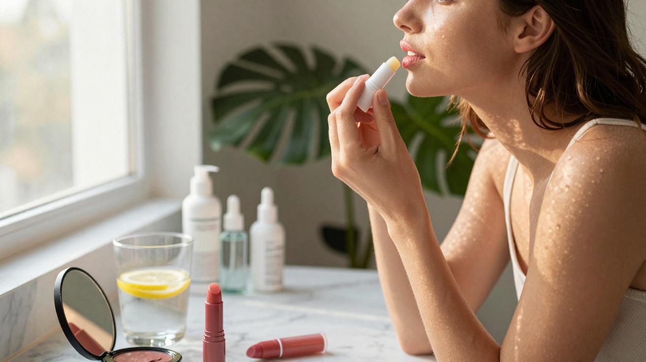 Mulher a aplicar batom hidratante junto a janela com produtos de beleza e copo com limão na bancada.