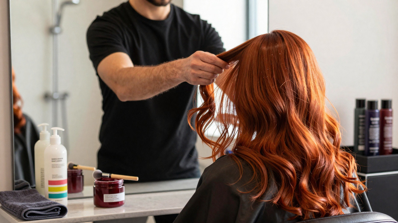Homem arranja cabelo ruivo ondulado de mulher num salão de cabeleireiro junto a um espelho.