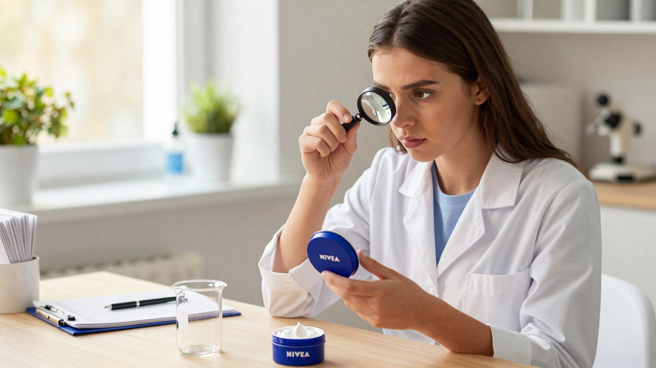 Mulher de bata branca analisa creme Nivea com lupa numa mesa de laboratório iluminada.