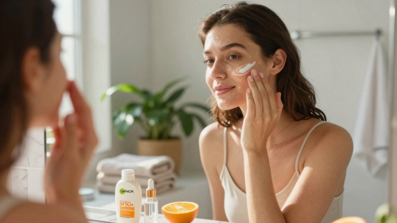 Mulher a aplicar creme facial num banheiro iluminado, com produtos de cuidado da pele na bancada.