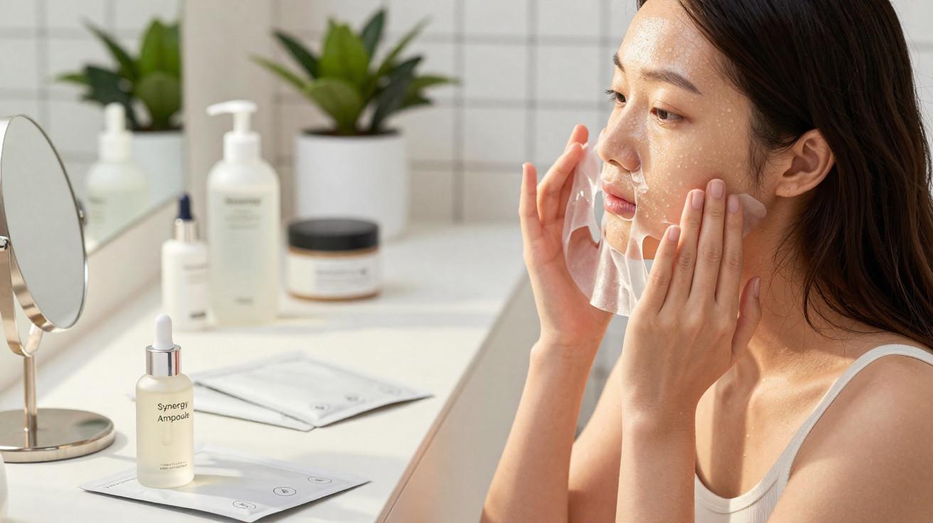 Mulher a aplicar máscara facial de tratamento num ambiente luminoso de casa com produtos de beleza na bancada.