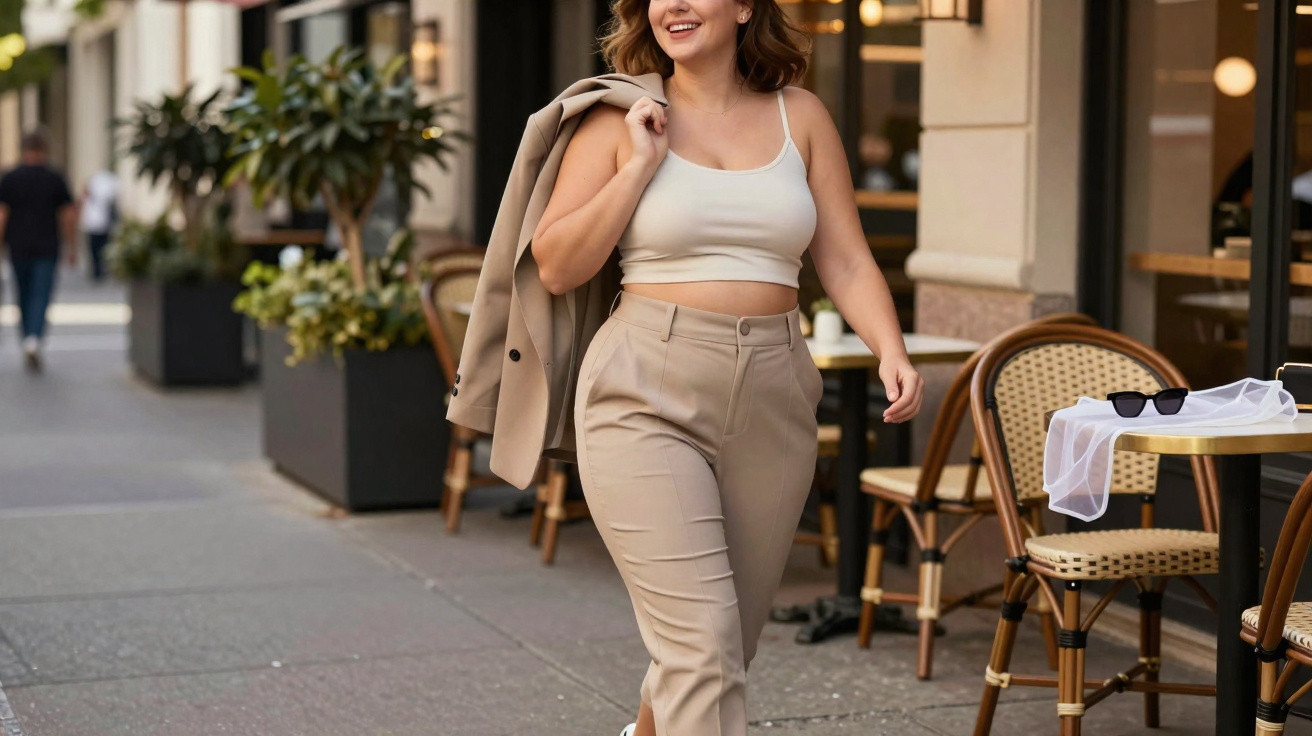Mulher a caminhar na rua com roupa bege, sorriso e casaco ao ombro junto a esplanada de café.