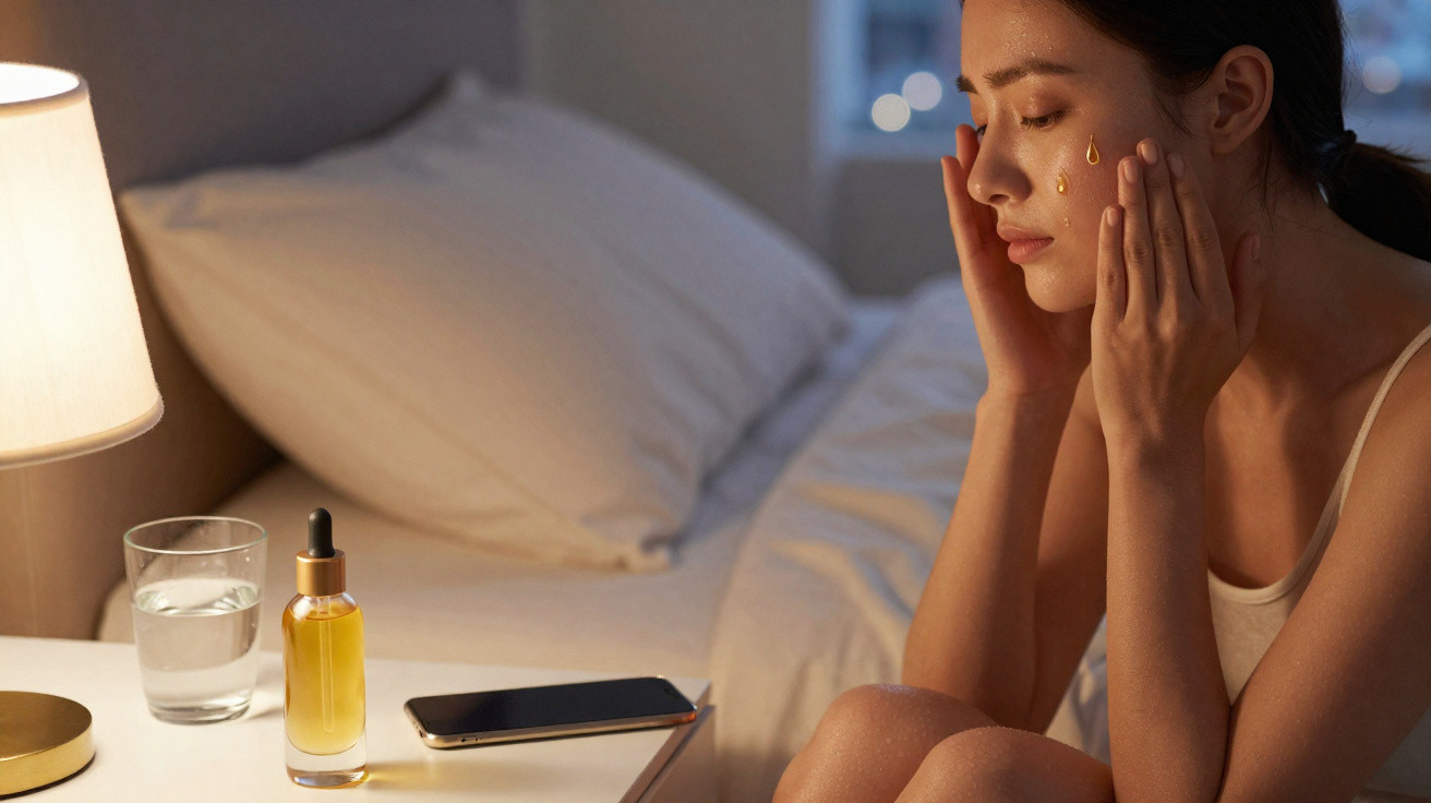 Mulher a aplicar óleo facial no rosto sentada na cama ao lado de uma mesa de cabeceira com lâmpada.