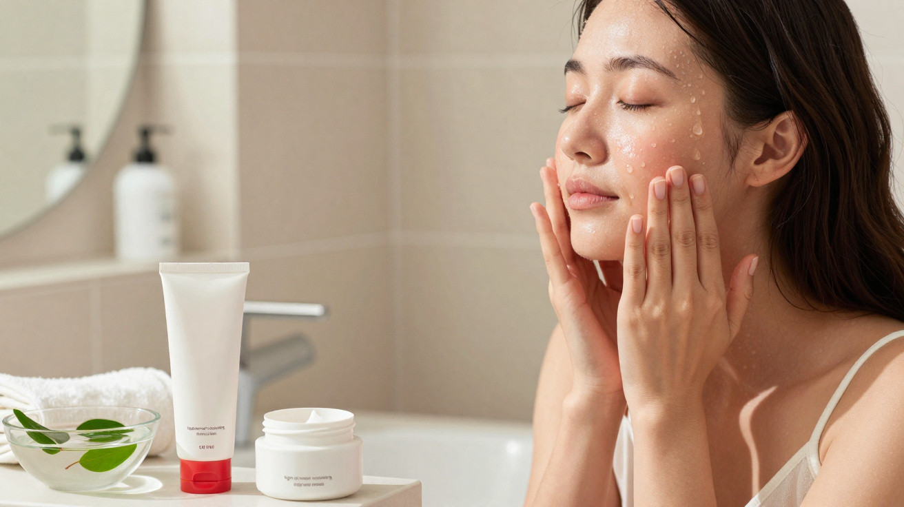 Mulher a aplicar cuidado facial com pele molhada numa casa de banho moderna e luminosa.
