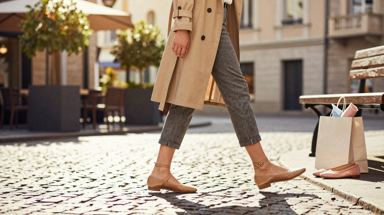 Pessoa de casaco comprido e sapatos baixos caminhando numa rua de calçada portuguesa junto a um banco com sacos de compras.