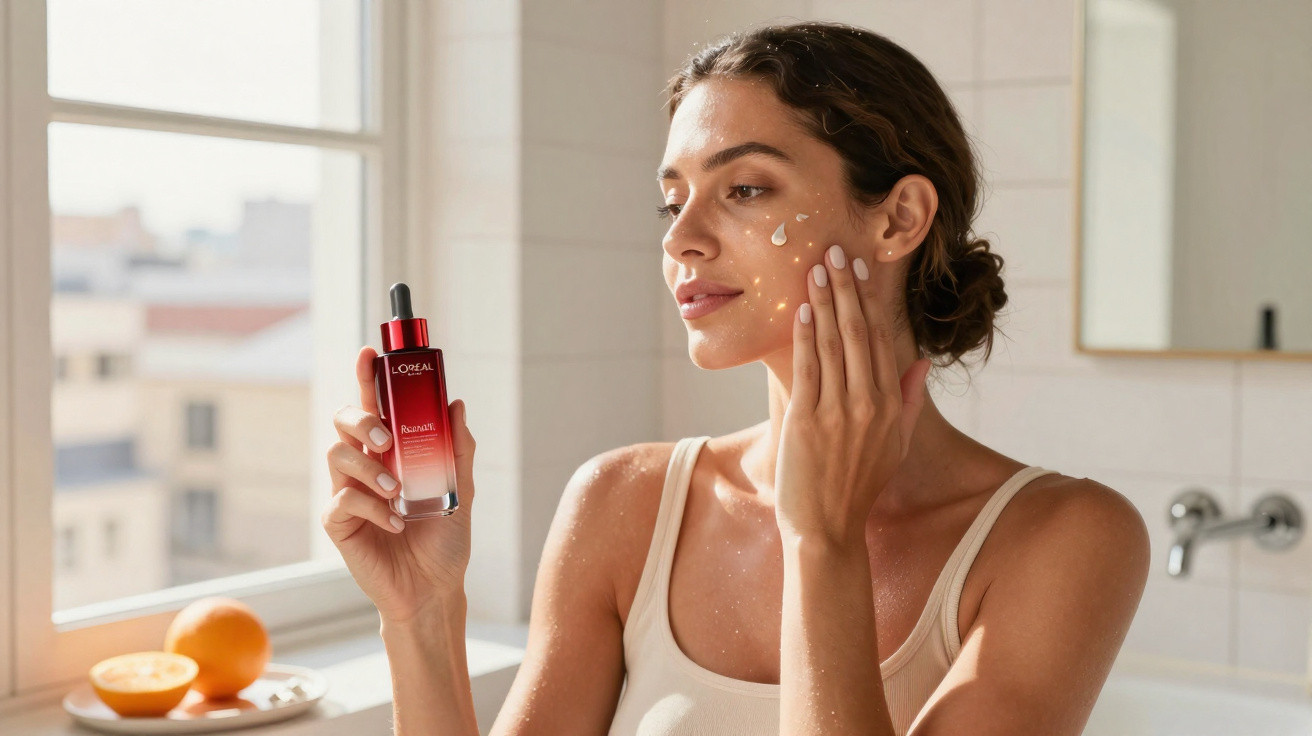 Mulher a aplicar sérum facial L’Oréal no rosto numa casa de banho iluminada naturalmente.