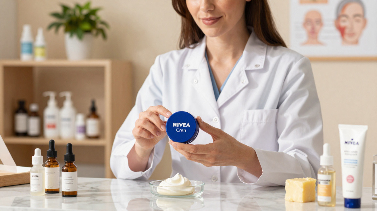 Profissional de saúde a segurar creme Nivea com frascos e produtos de cuidados da pele numa mesa.