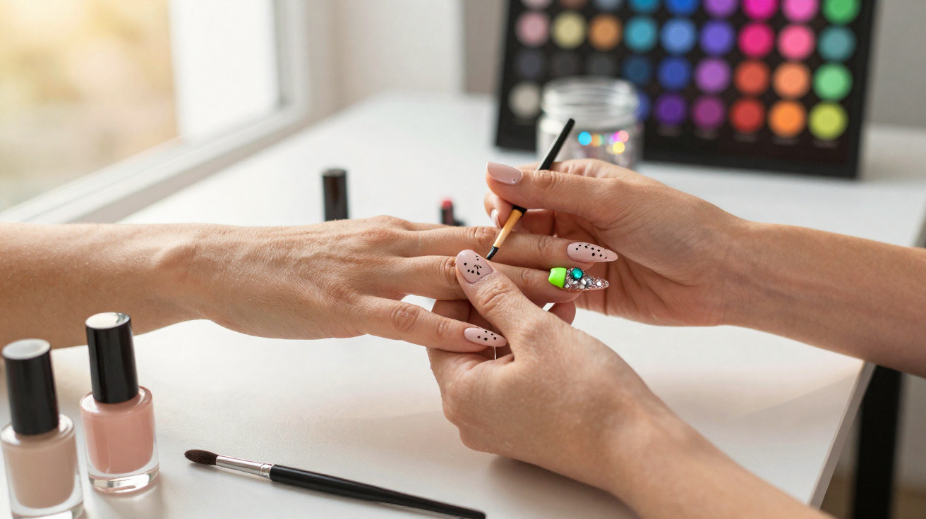 Maquilhador a decorar unhas com pincel e verniz rosa suave num salão de beleza.