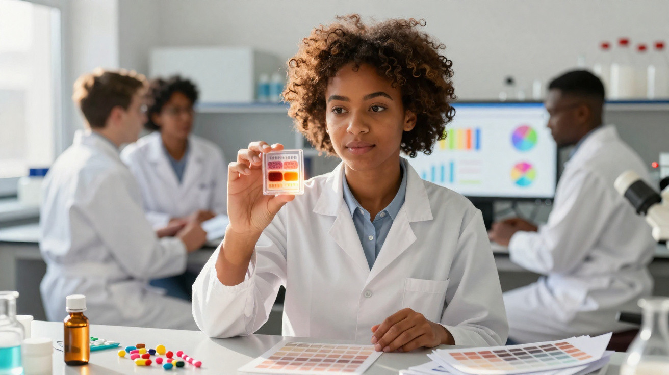 Cientista em laboratório a analisar amostra colorida, com colegas e gráficos ao fundo.