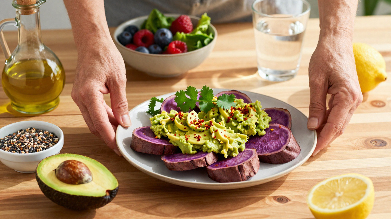 Prato com batata-doce roxa, guacamole e coentros, perto de abacate, sementes, frutos vermelhos e limão.