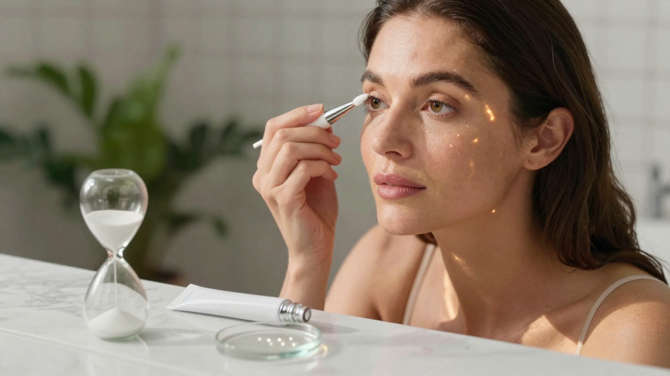 Mulher a aplicar creme de olhos com pincel, sentada perto de ampulheta sobre superfície branca.
