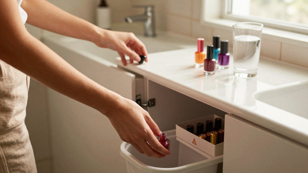 Pessoa a deitar verniz de unhas num caixote do lixo numa casa de banho.