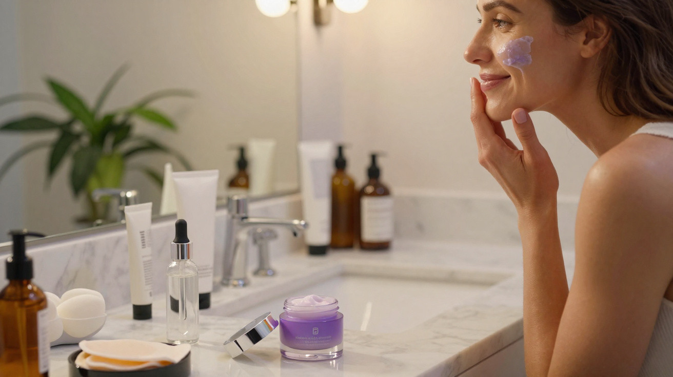 Mulher a aplicar creme facial cor de rosa num ambiente de casa de banho com produtos de cosmética no lavatório.