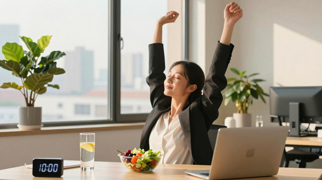 Mulher no escritório a espreguiçar-se sentada numa mesa com computador, salada e copo de água.