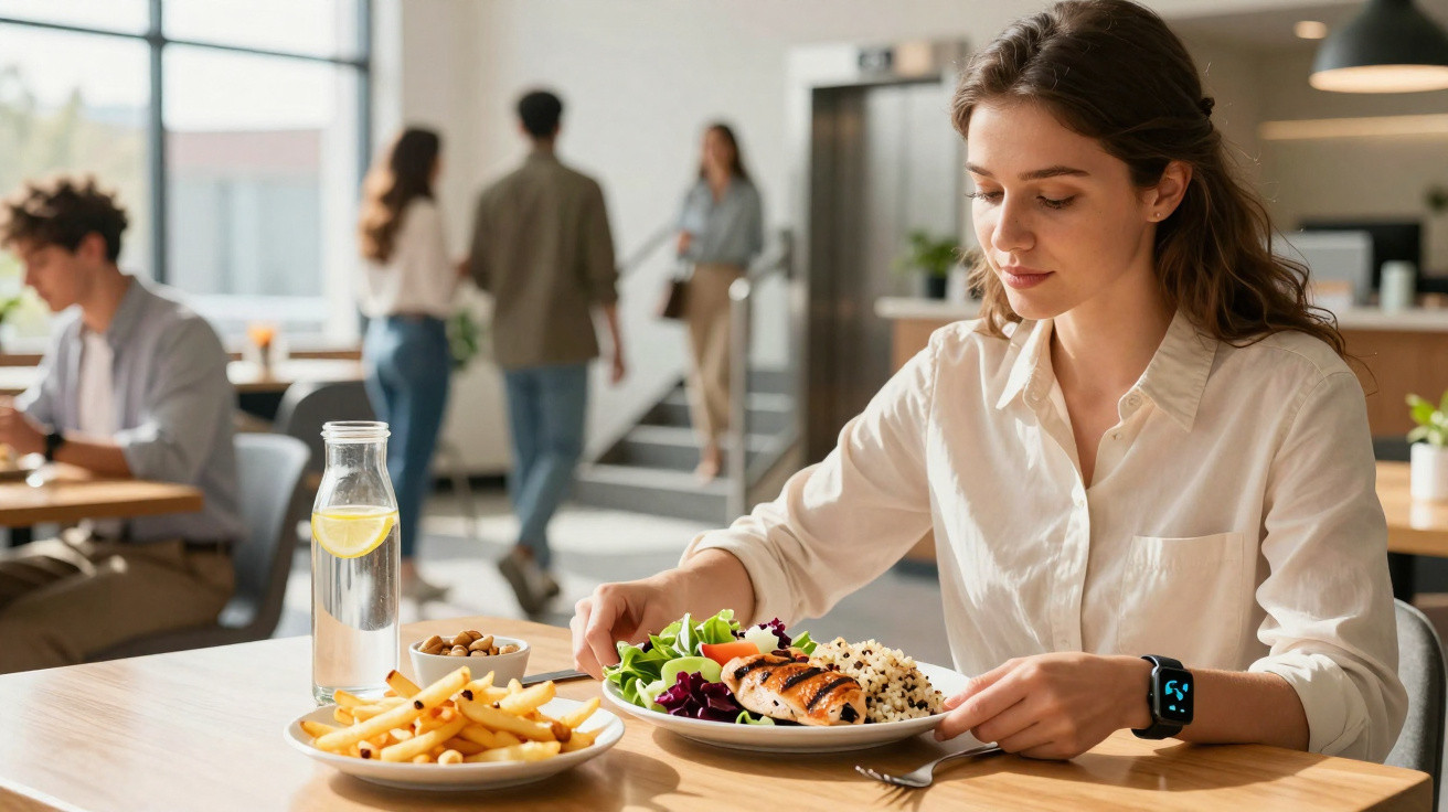 Mulher sentada a comer salada com frango grelhado e batatas fritas num restaurante moderno.