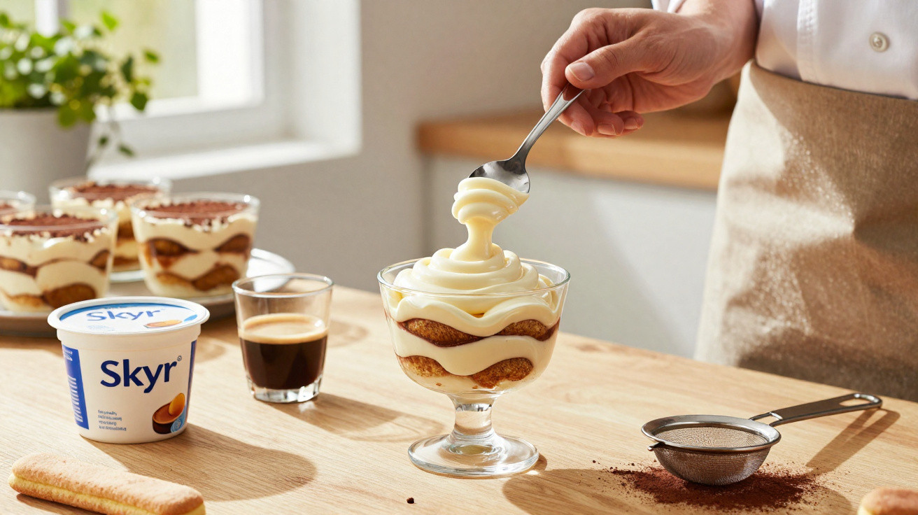 Pessoa a colher camadas de sobremesa cremosa num copo de vidro, com Skyr e café numa mesa de madeira.