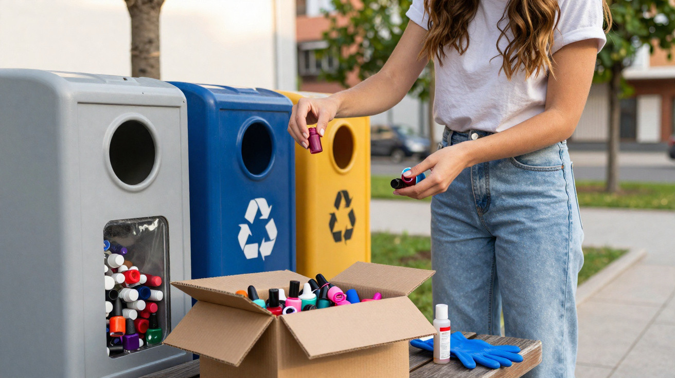 Pessoa a reciclar vernizes de unhas em caixotes de reciclagem ao ar livre num parque urbano.