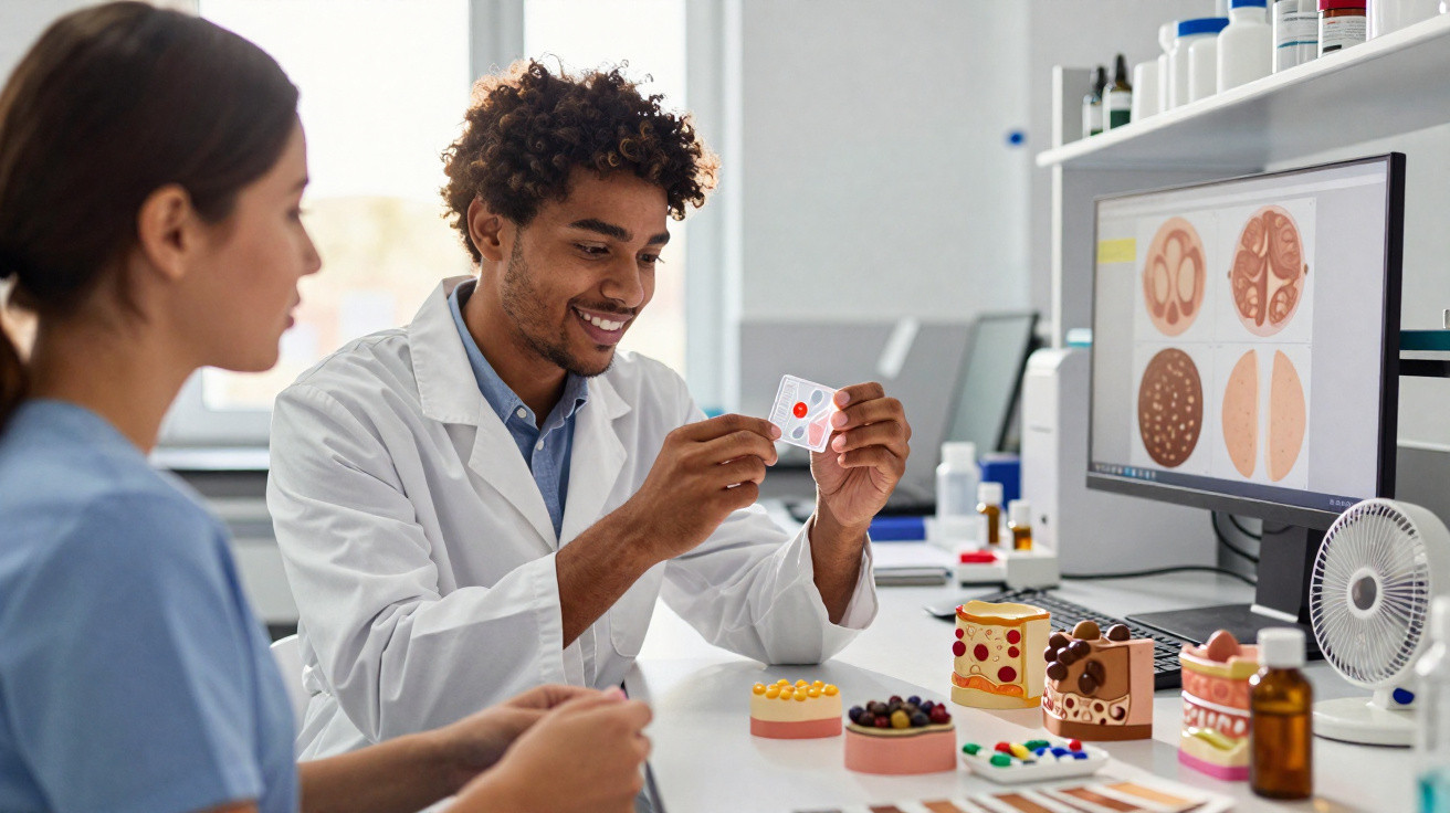 Dois cientistas analisam amostras e modelos médicos num laboratório com imagens de células no ecrã do computador.
