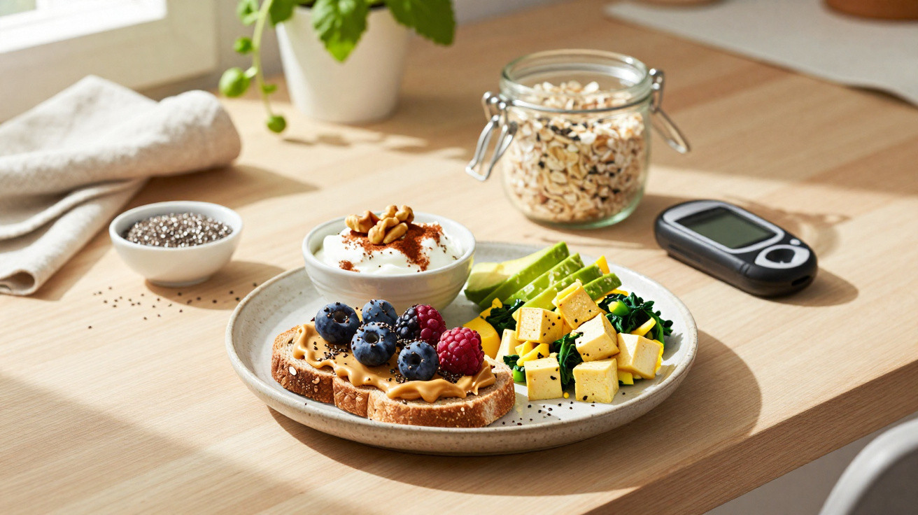 Pequeno-almoço saudável com iogurte, frutos vermelhos, abacate, ovos mexidos e sementes, junto a um monitor de glicose.