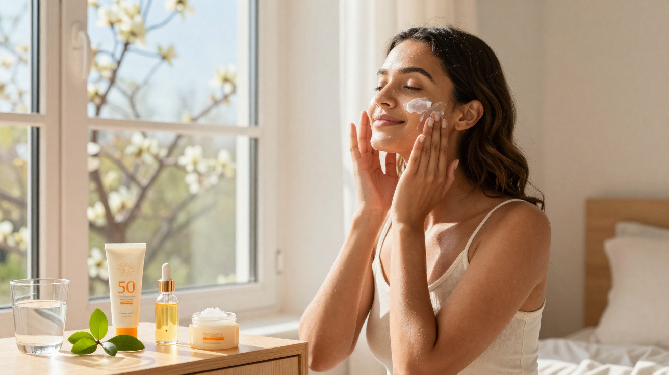 Mulher aplica creme hidratante no rosto sentada junto a uma janela com luz natural.