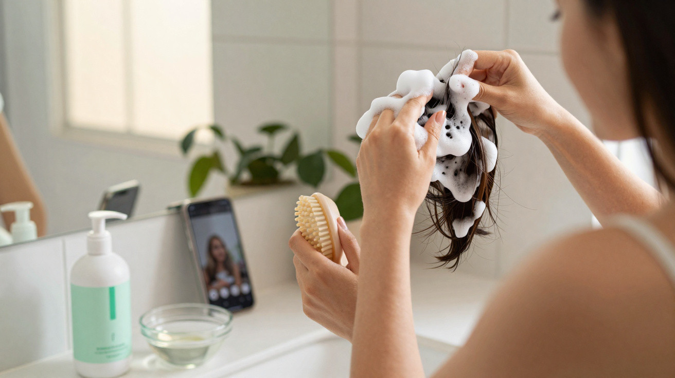 Mulher lava cabelo com espuma no lavatório, com escova na mão e telemóvel apoiado no espelho.
