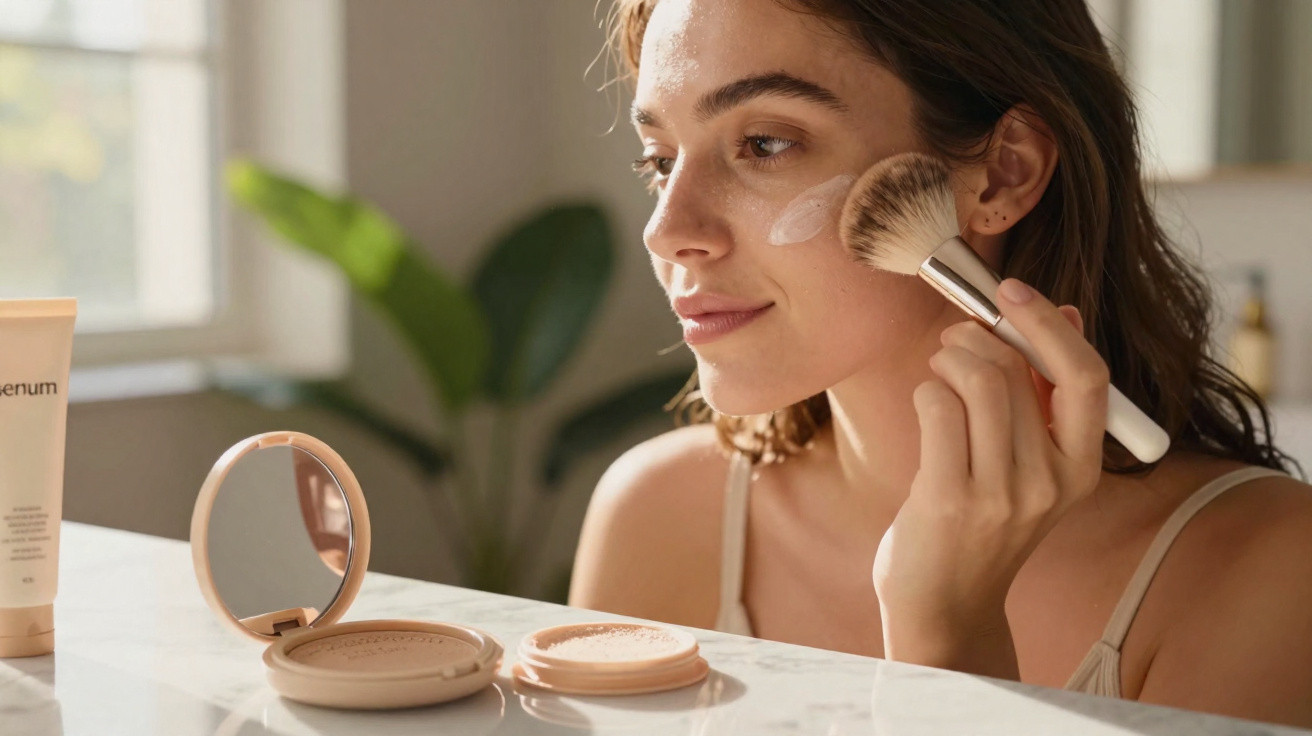 Mulher a aplicar maquilhagem no rosto com pincel, rosto iluminado, mesa com produtos de beleza à frente.