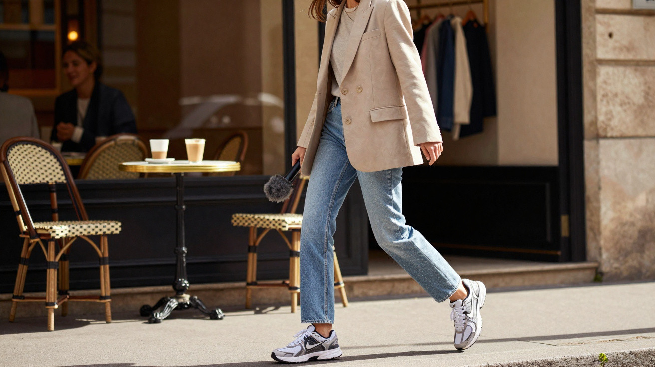 Mulher com blazer bege e jeans a caminhar numa rua em frente a um café com mesas e cadeiras de vime.
