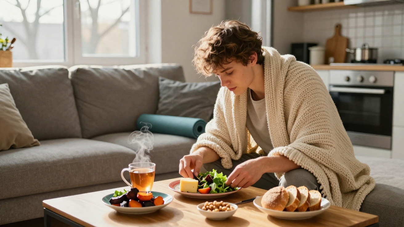 Pessoa jovem a preparar uma salada sentada no sofá, com chá quente e pão na mesa da sala.