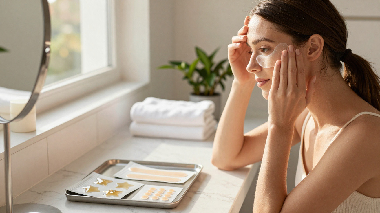 Mulher aplica parches de tratamento facial sentada à mesa com toalhas e plantas ao fundo.