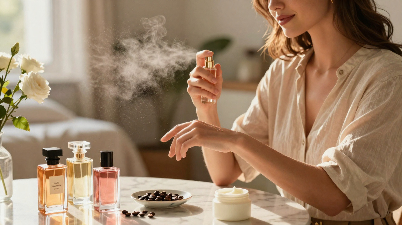 Mulher a aplicar perfume nos pulsos numa mesa com vários frascos e flores brancas ao lado.