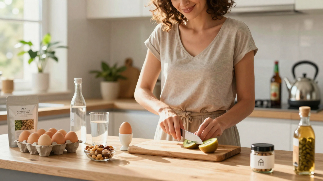 Mulher a cortar kiwi numa cozinha com ovos e frutos secos numa bancada de madeira.