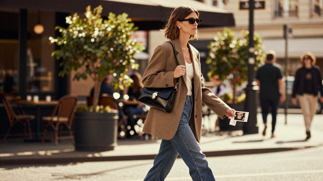 Mulher veste blazer castanho e jeans, caminha na rua com óculos escuros e bolsa preta ao ombro.