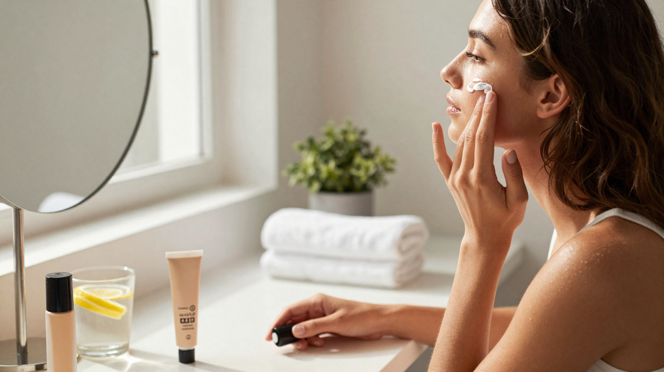 Mulher jovem a aplicar creme hidratante no rosto junto a um espelho e produtos de beleza.
