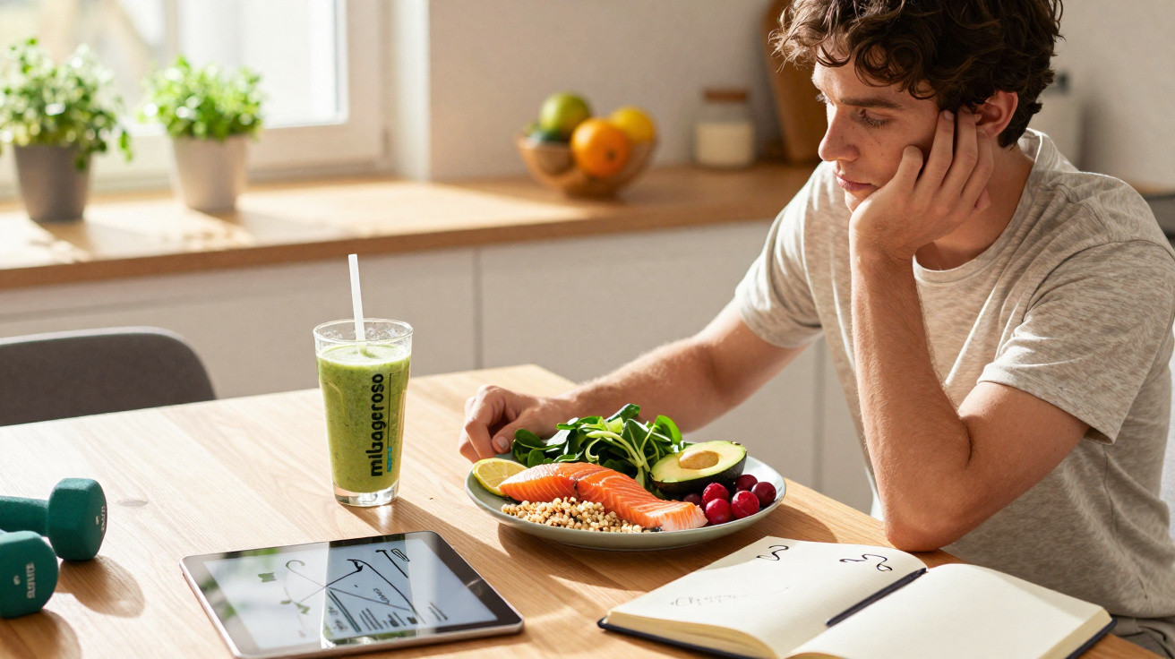 Jovem a olhar pensativo para um prato com comida saudável e um smoothie verde numa cozinha luminosa.
