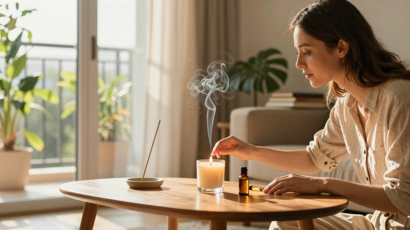 Mulher acendendo uma vela perfumada numa sala luminosa com plantas junto à janela.