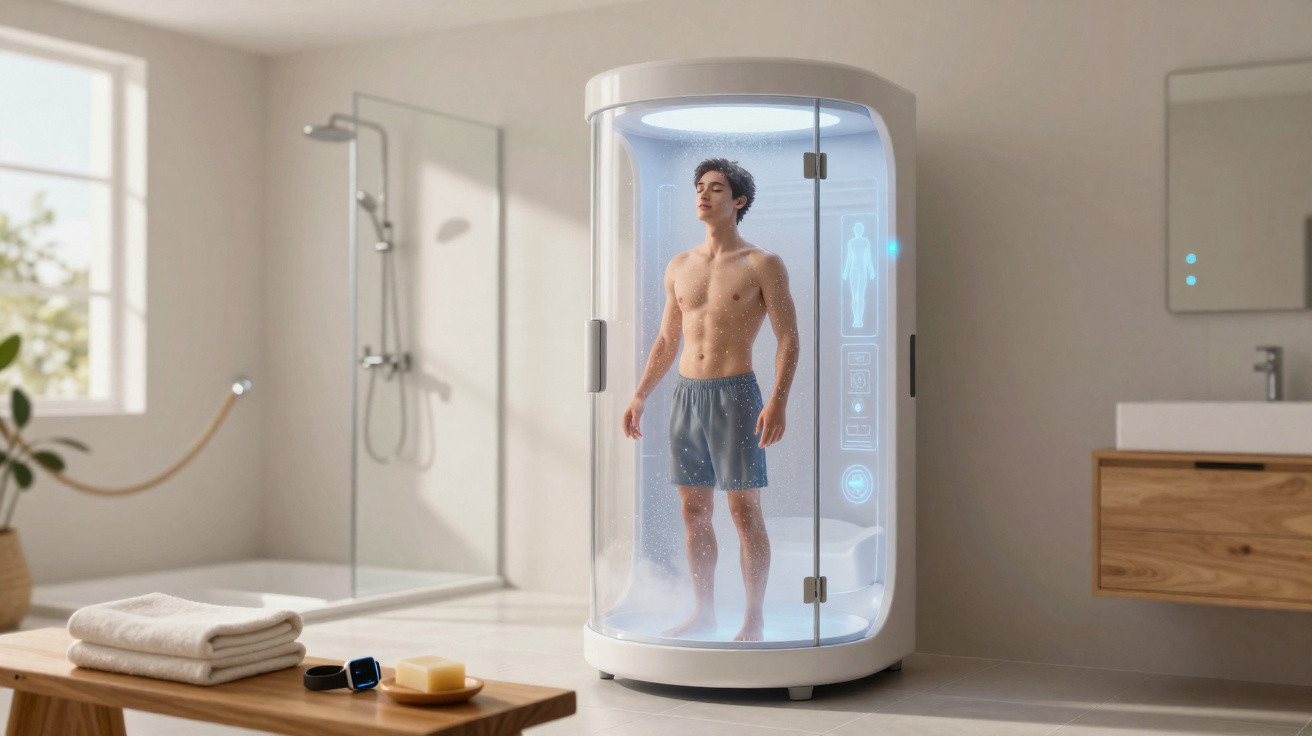 Homem em box de duche futurista, transparente, dentro de casa de banho moderna e iluminada.