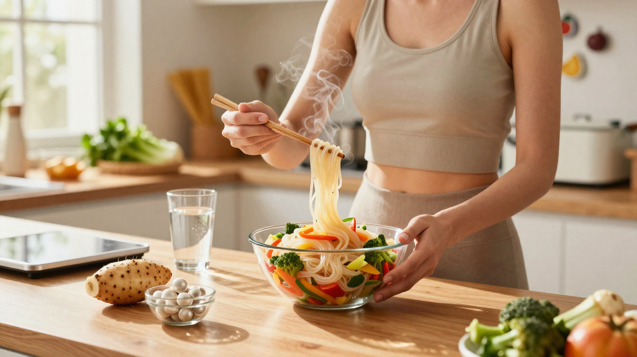Pessoa a levantar noodles fumegantes com pauzinhos de uma tigela com legumes frescos numa cozinha moderna.
