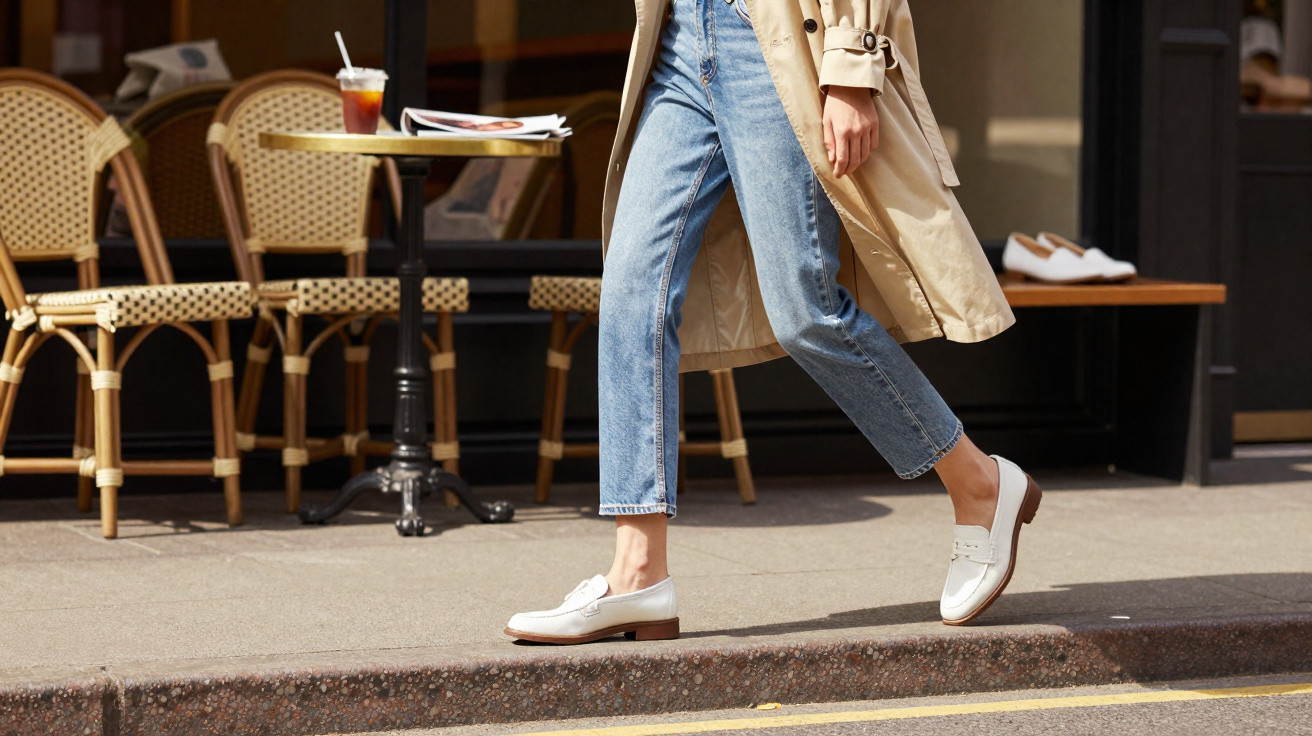 Pessoa a usar jeans, trench coat bege e sapatos brancos a caminhar junto a café com cadeiras e mesa.